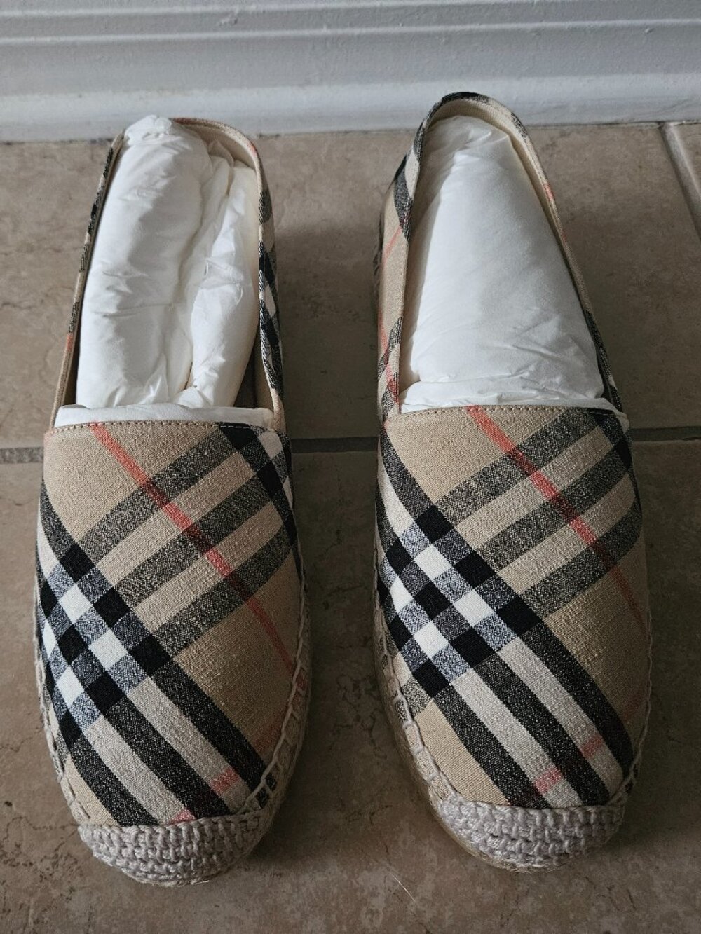 NIB BURBERRY MEWS LINEN NOVA CHECK ESPADRILLE FLAT LOAFER SLIP ON SHOES 7.5